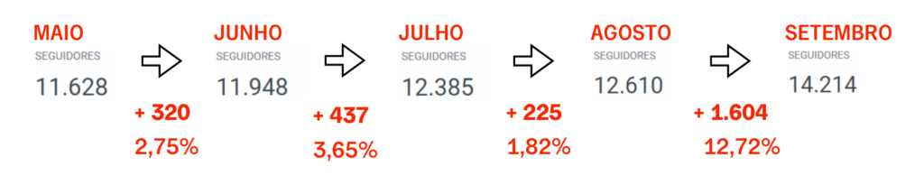 Evolução de novos seguidores por mês.